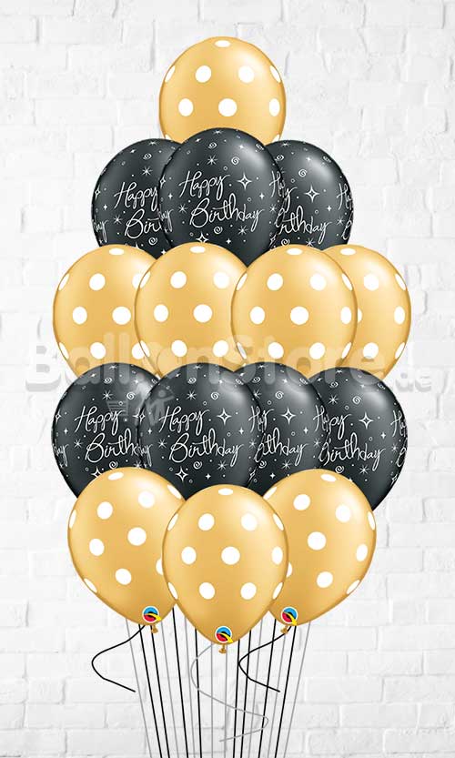 Elegant Black Birthday Sparkles Gold Polka Balloons Bouquet - 15count